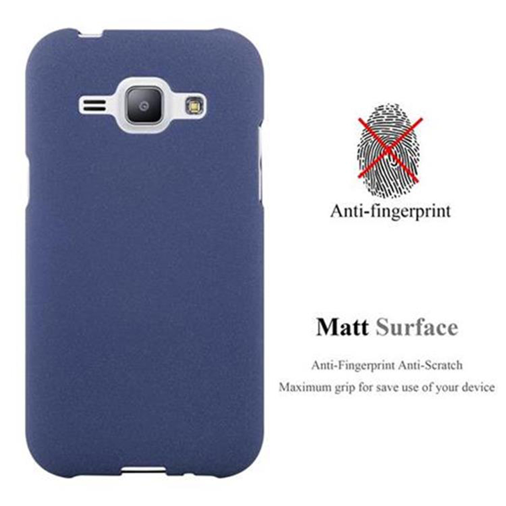 Custodia blu scuro per telefono con ritaglio fotocamera e logo anti-impronta.