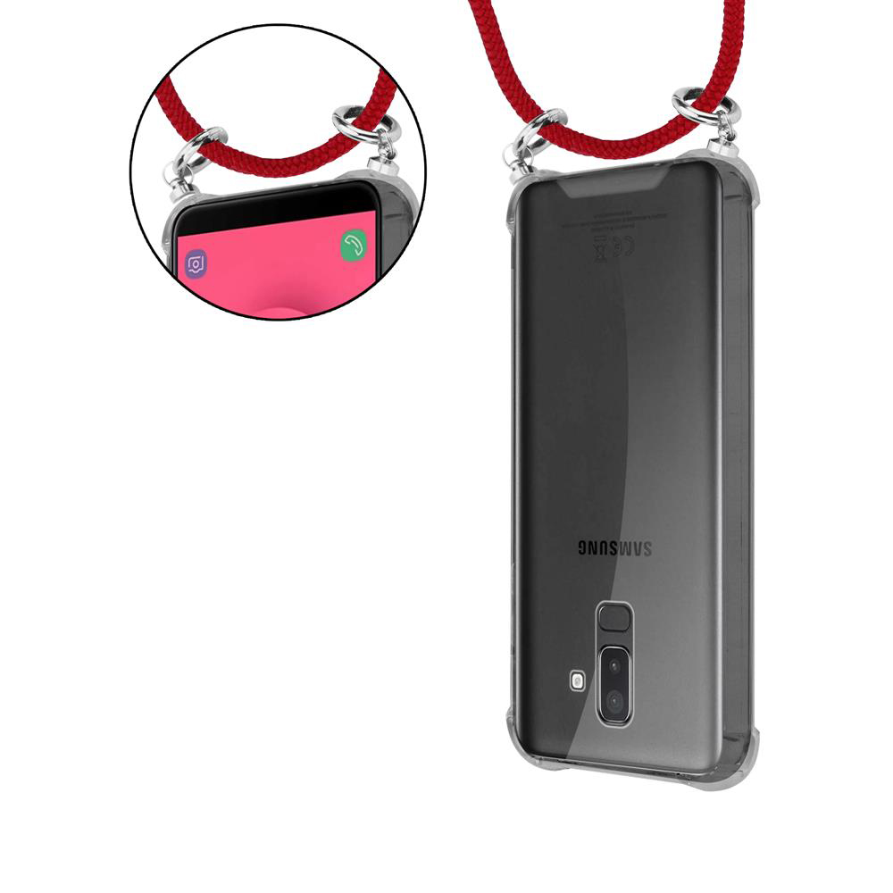 Ein Smartphone in einer durchsichtigen Hülle mit rotem Lanyard.