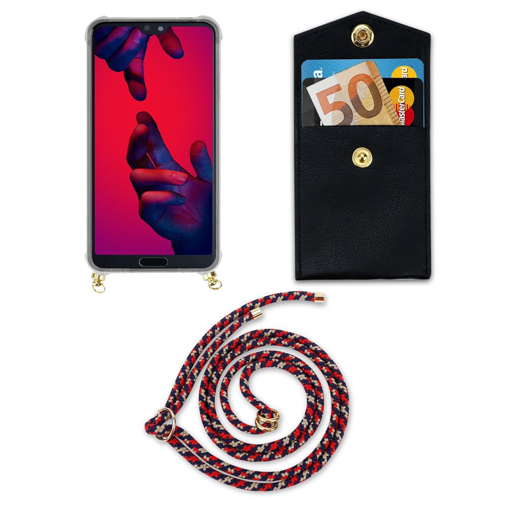 Smartphone con custodia nera e cordino, soldi e carte visibili.