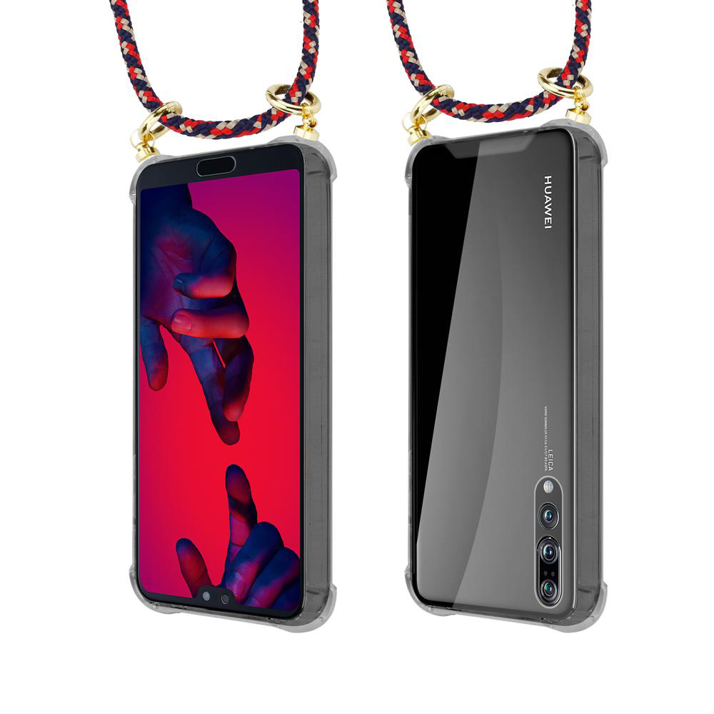 Due telefoni Huawei con cordini. Uno mostra schermo rosso con mani, l'altro il retro.