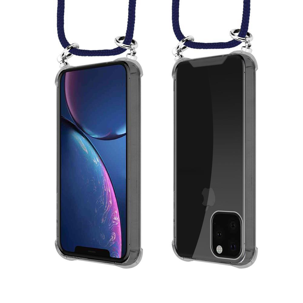 Due custodie trasparenti per telefono con lacci blu navy, una mostra lo schermo, l'altra il retro.
