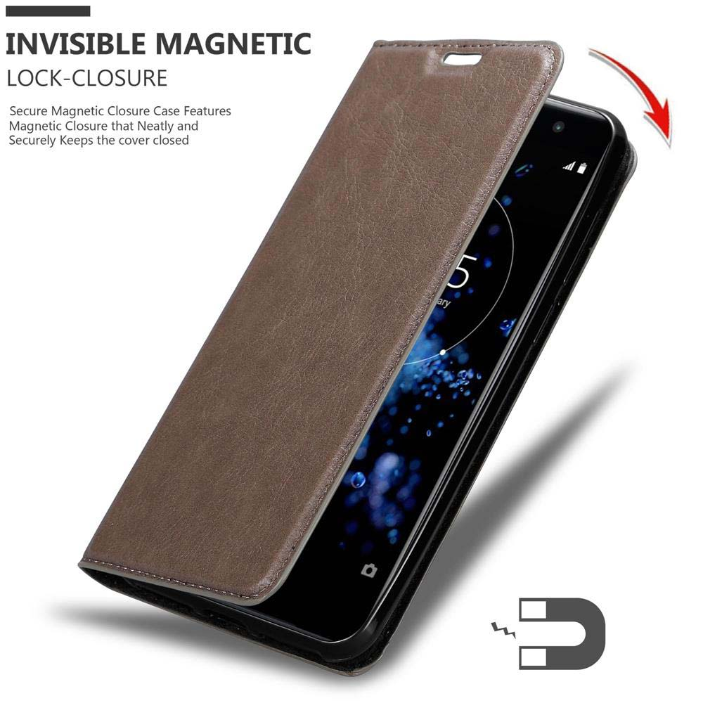 Custodia per telefono marrone con chiusura magnetica, che mostra il telefono sbloccato.