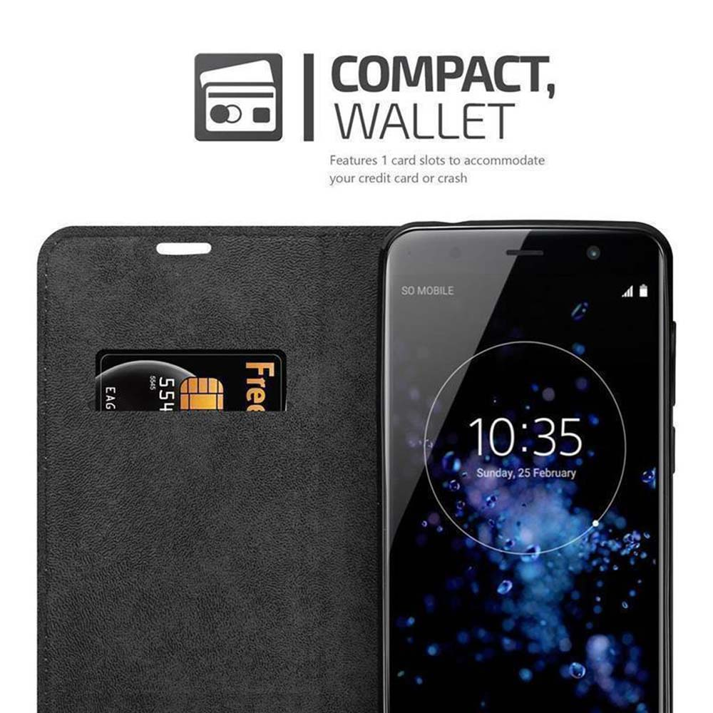 Custodia a portafoglio nera con carta e smartphone che mostra l'ora.