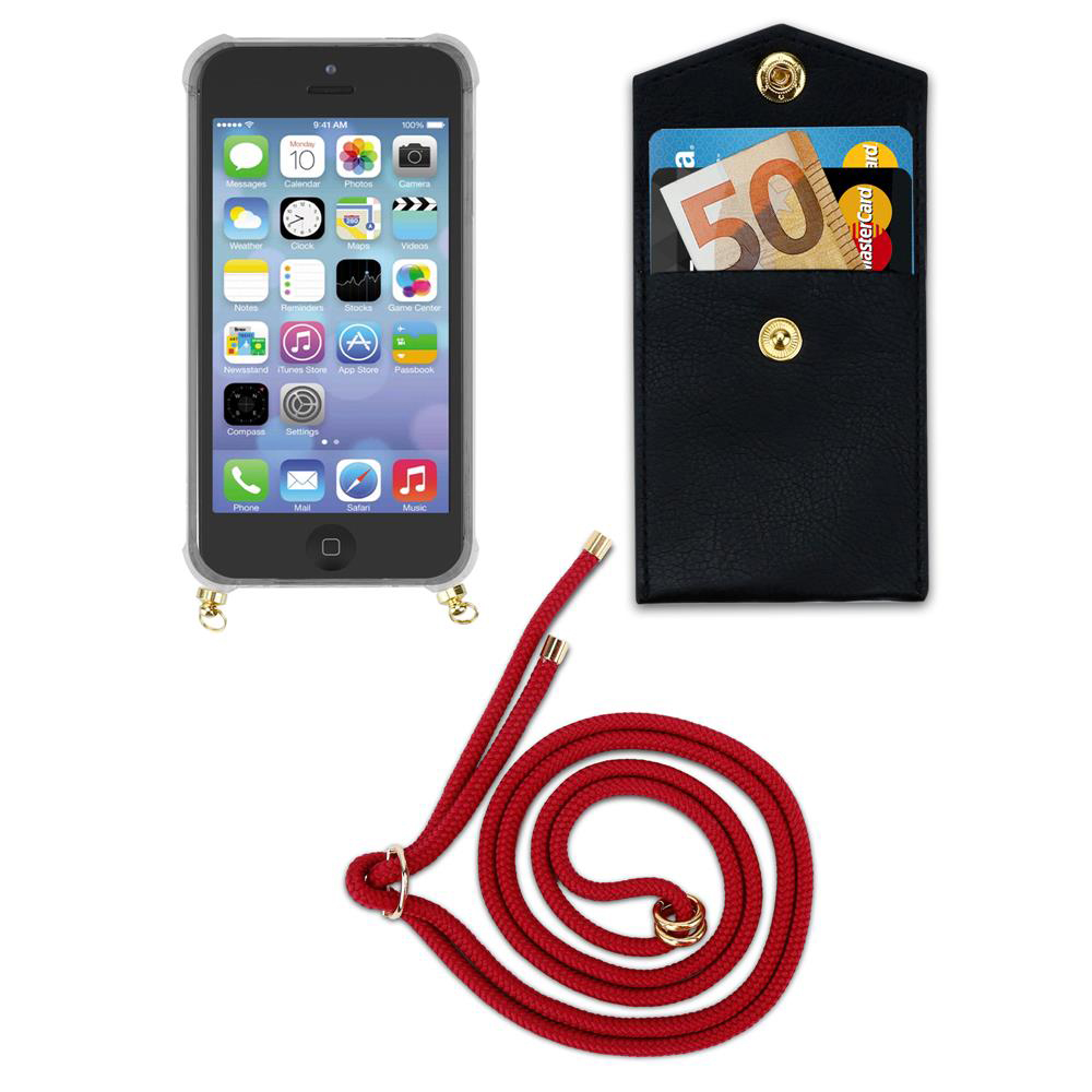 iPhone in custodia trasparente, cordino rosso e tasca nera con soldi e carte.