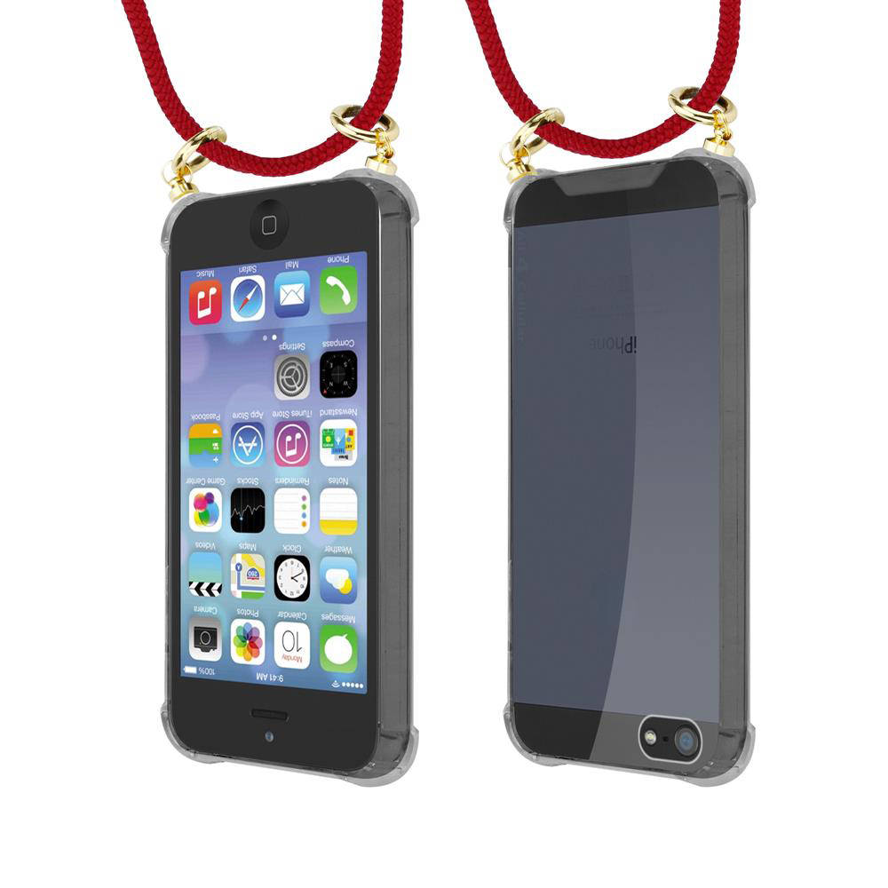 Due iPhone in custodie trasparenti, appesi a cordoni rossi.