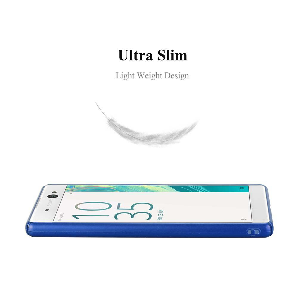 Una funda azul delgada muestra "Ultra Slim" y "Light Weight Design".