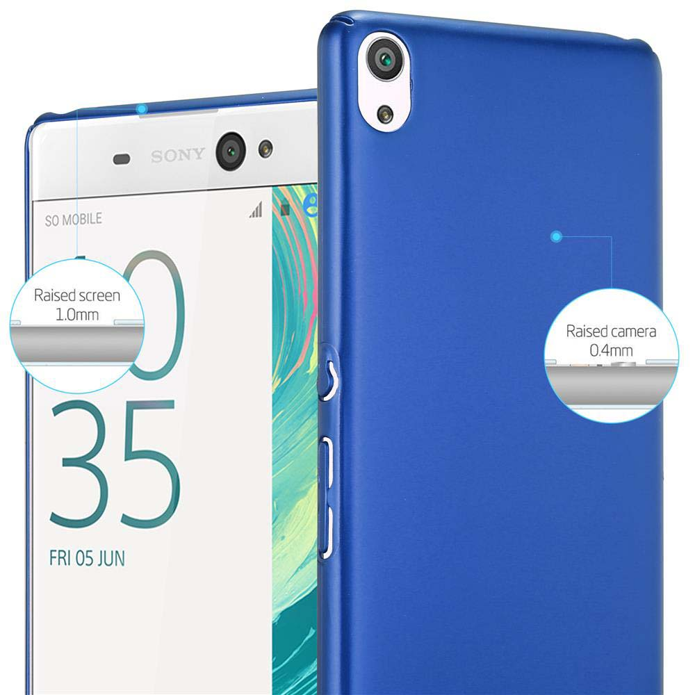 Una funda azul protege un teléfono Sony blanco que muestra '35 FRI 05 JUN'.