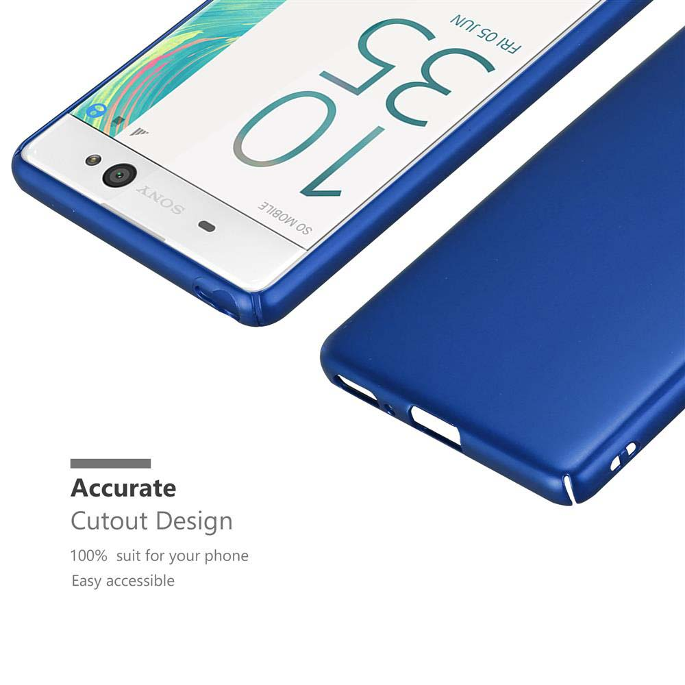 Una funda de teléfono azul y un smartphone Sony con marco azul sobre fondo blanco.