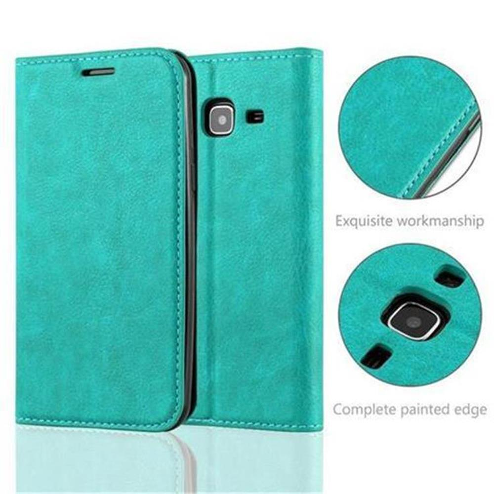 Funda turquesa para teléfono, mostrada abierta. La cubierta frontal está cerrada.