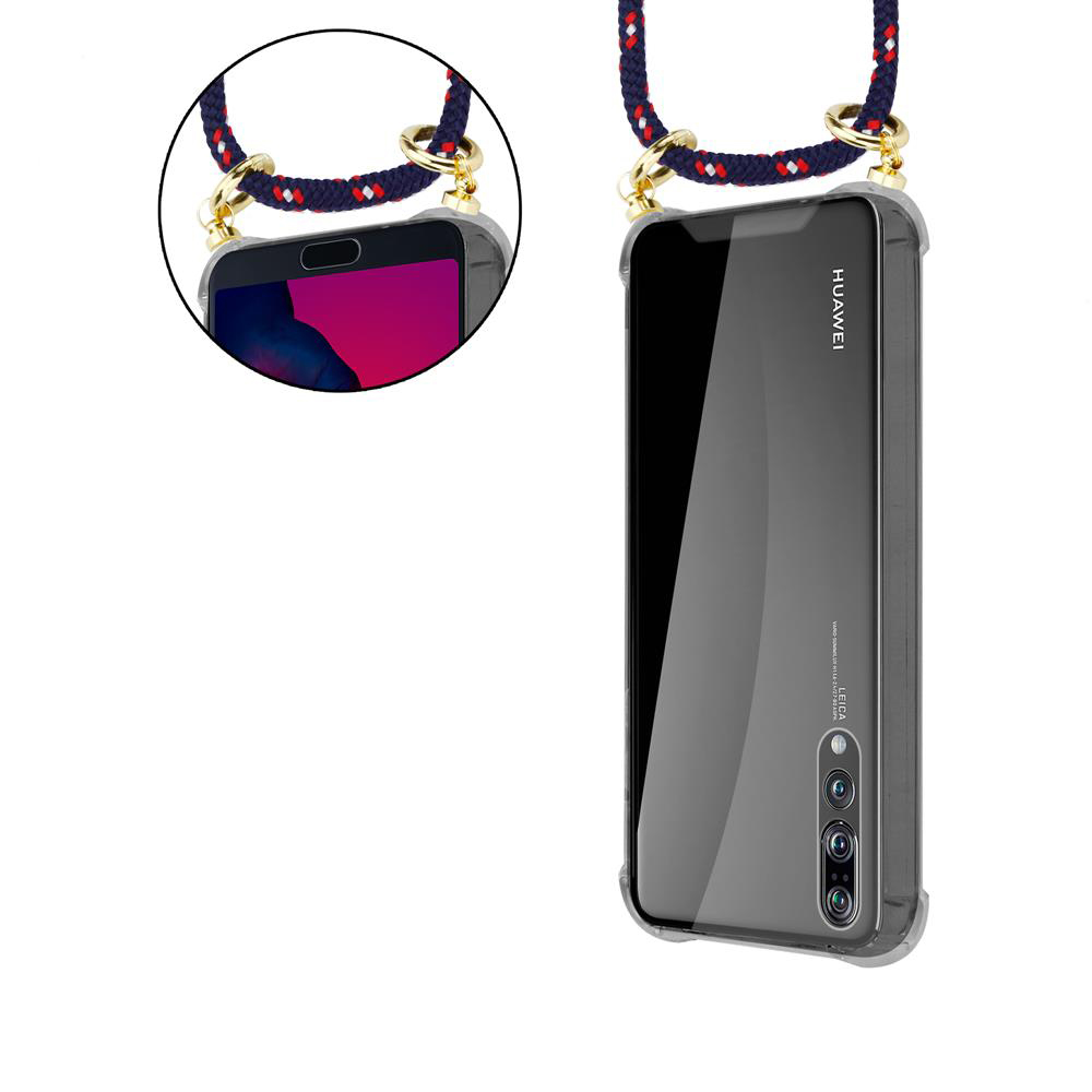 Uno smartphone in custodia trasparente con laccetto, retro bianco.