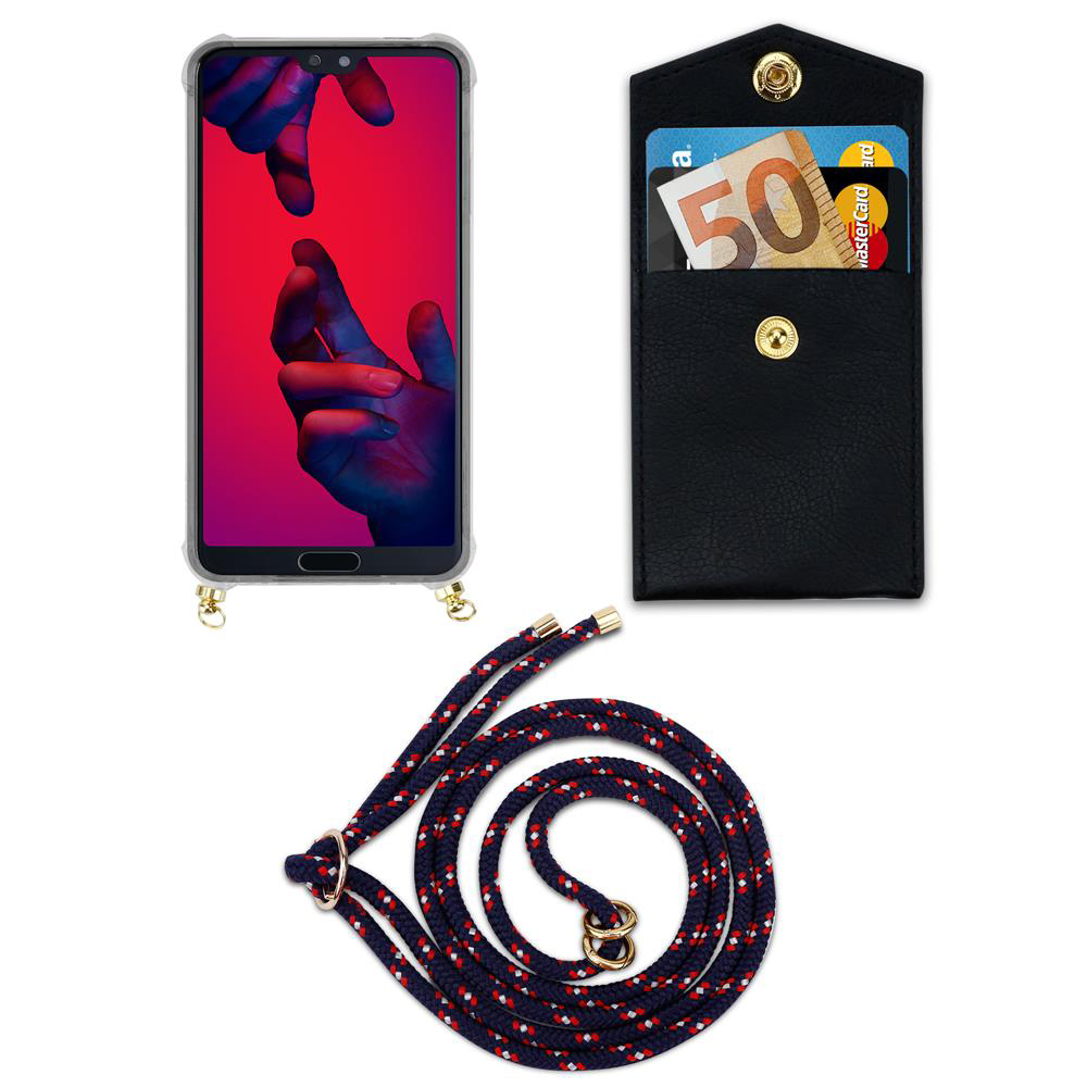 Uno smartphone in custodia trasparente accanto a un portafoglio nero con carte e contanti. Sotto c'è un cordino di corda.