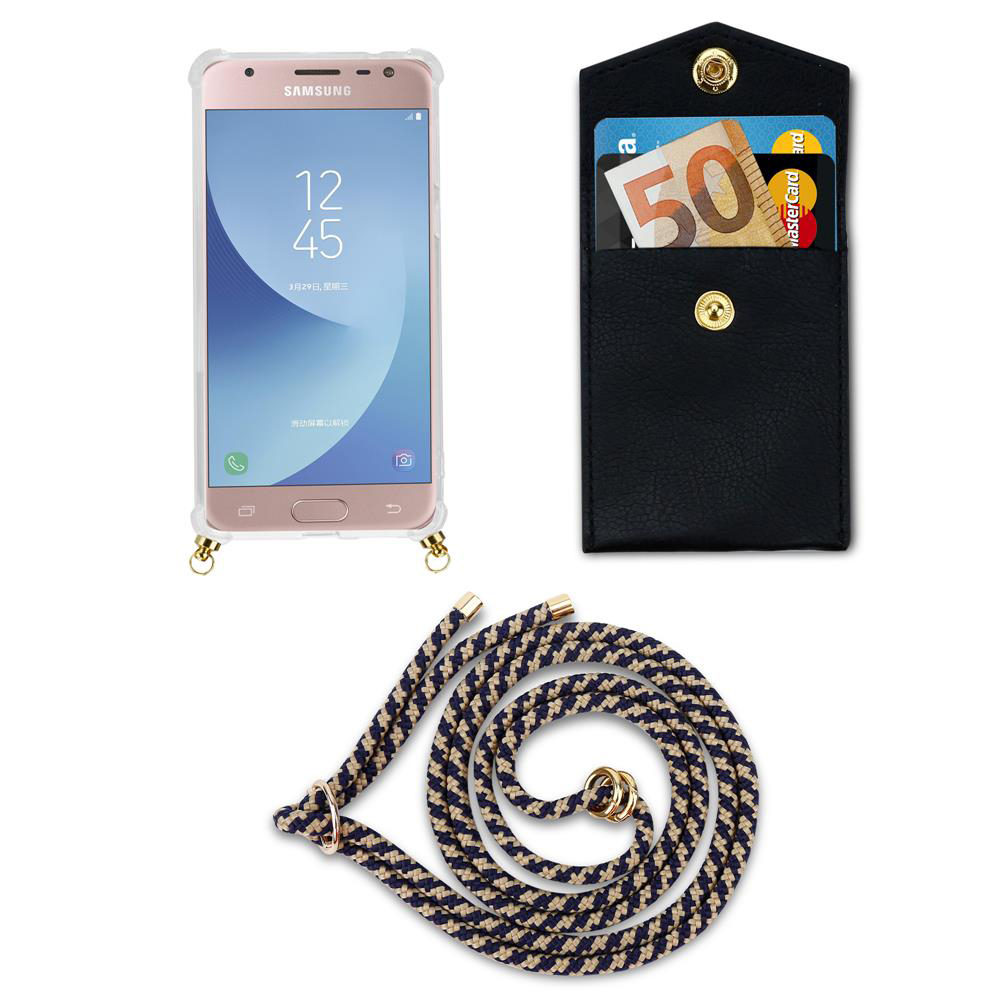 Un telefono Samsung rosa, un porta-carte nero con soldi e carte, e un cordino intrecciato.