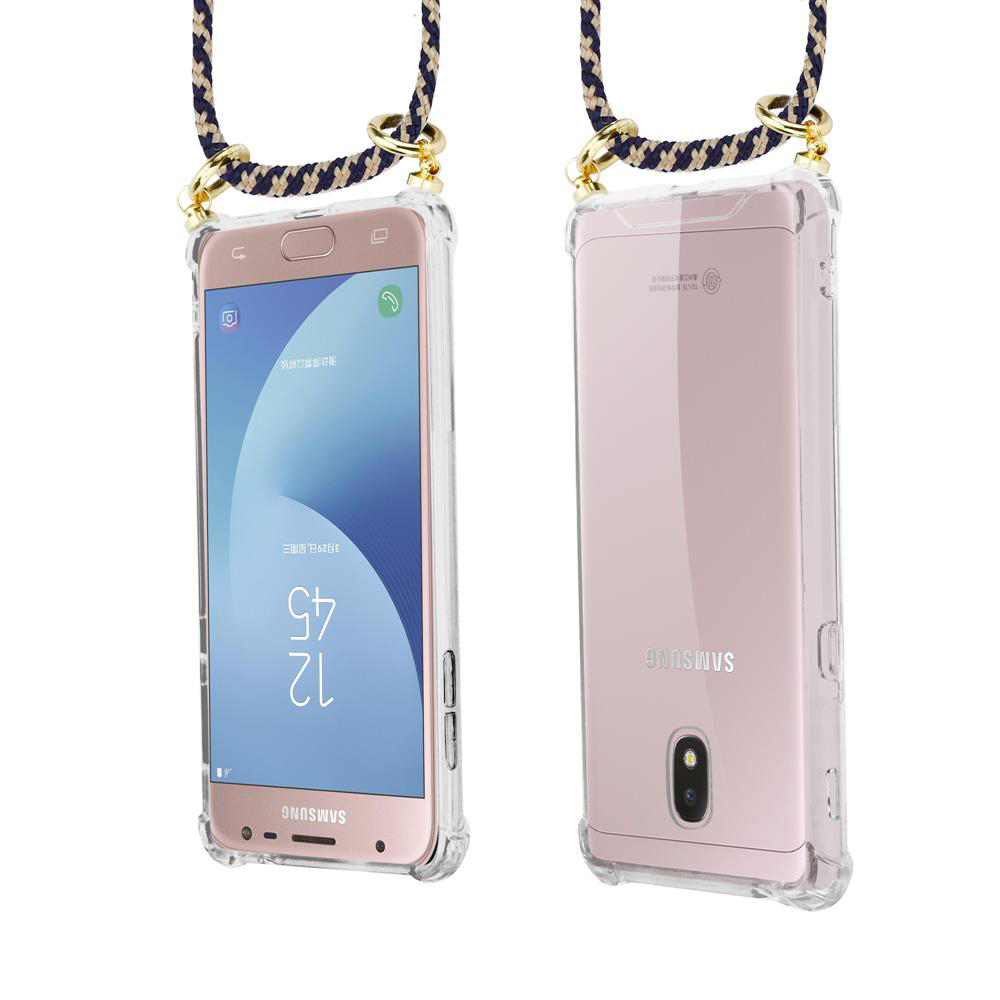 Uno smartphone Samsung rosa in custodia trasparente con cordino.
