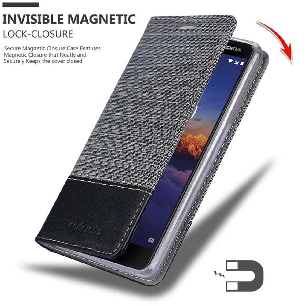 Graues Handyhülle mit Magnetverschluss und schwarzem Lederdetail. Zeigt ein Nokia-Handy.