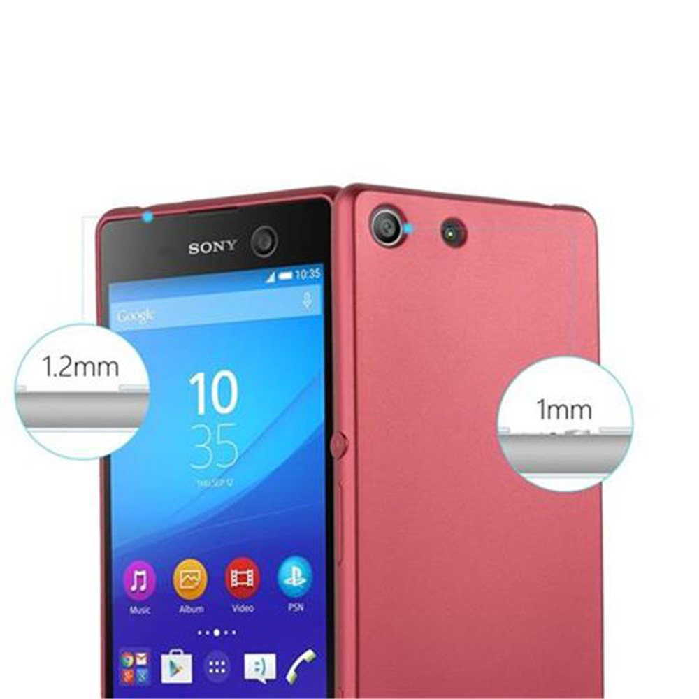 Due smartphone Sony rossi. Uno mostra uno schermo blu con l'ora 10:35.