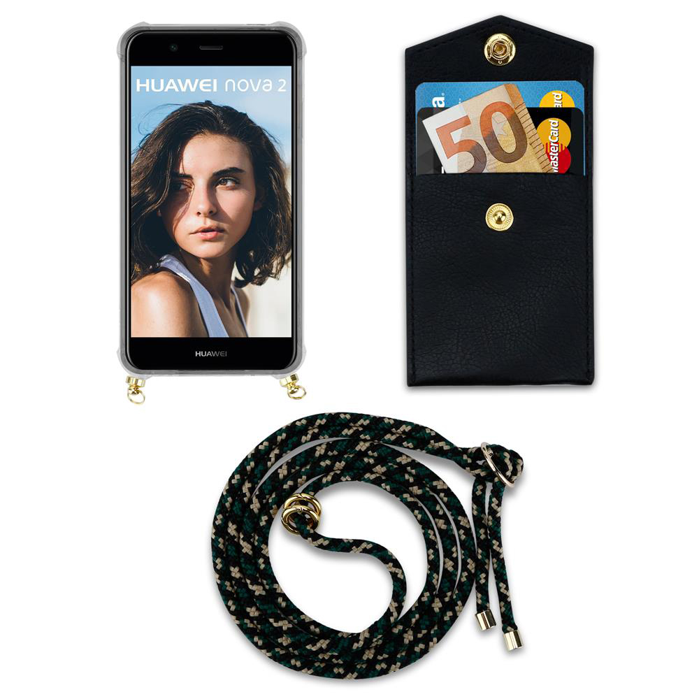 Telefono Huawei Nova 2 con portafoglio nero, soldi e carte. Cordino colorato.