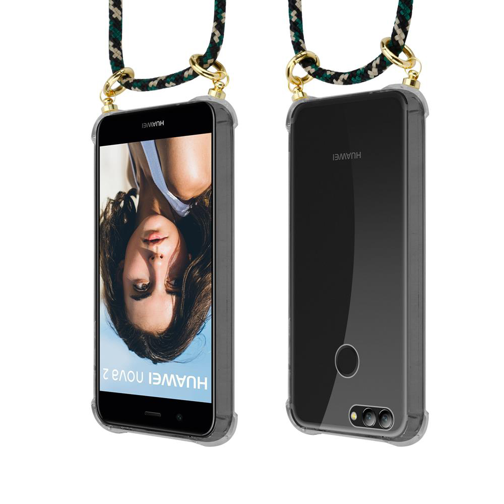 Due telefoni Huawei in custodie con cinturini. Uno mostra lo schermo, l'altro il retro.