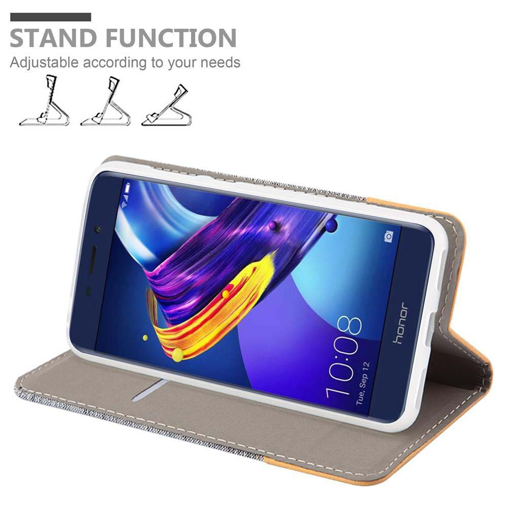Ein Smartphone in einer grauen Hülle, die als Ständer dient.