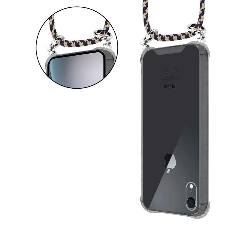 Ein iPhone mit einer transparenten Hülle und einem geflochtenen Band, das daran befestigt ist.