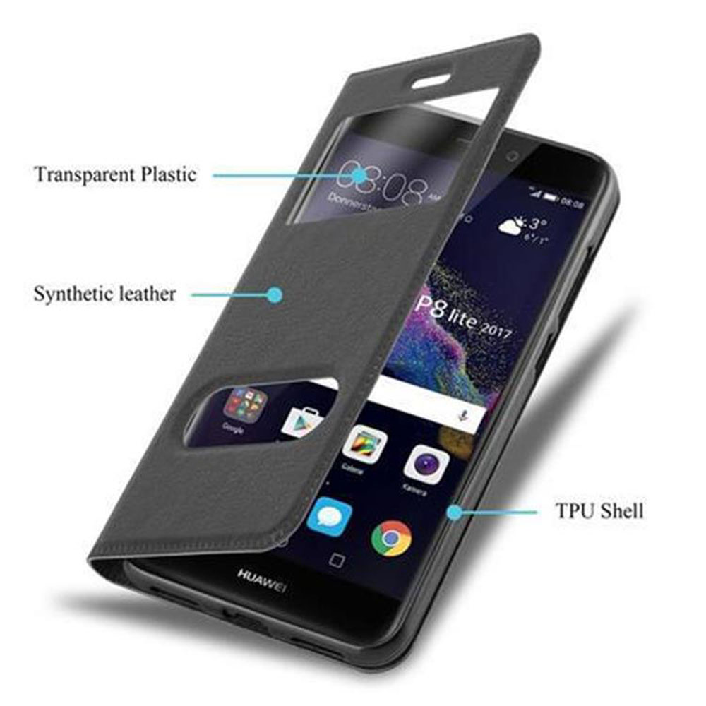 Custodia grigia per telefono con finestra trasparente per Huawei P8 lite 2017.