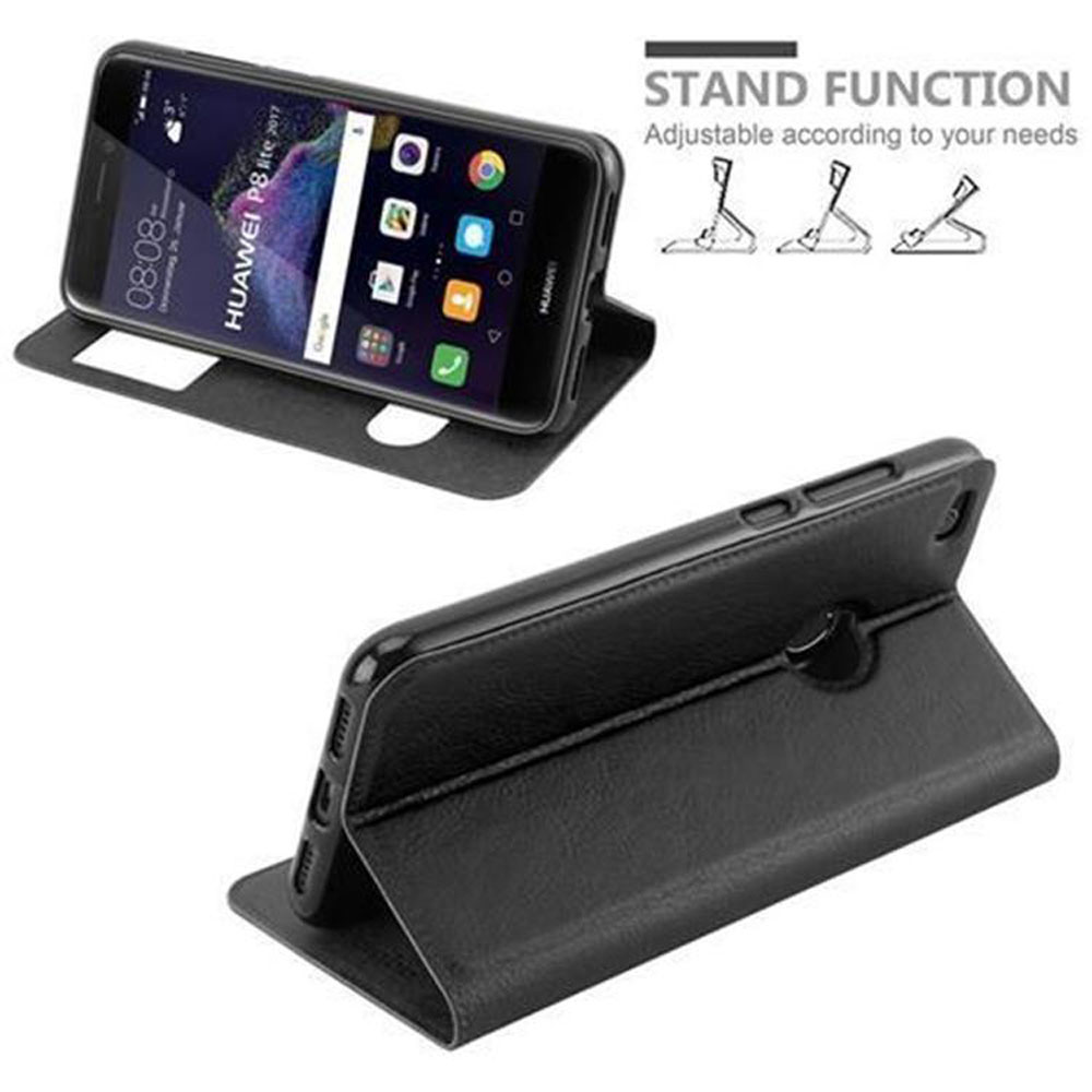 Telefono nero in custodia, mostrato in posizione eretta. Funzione stand.