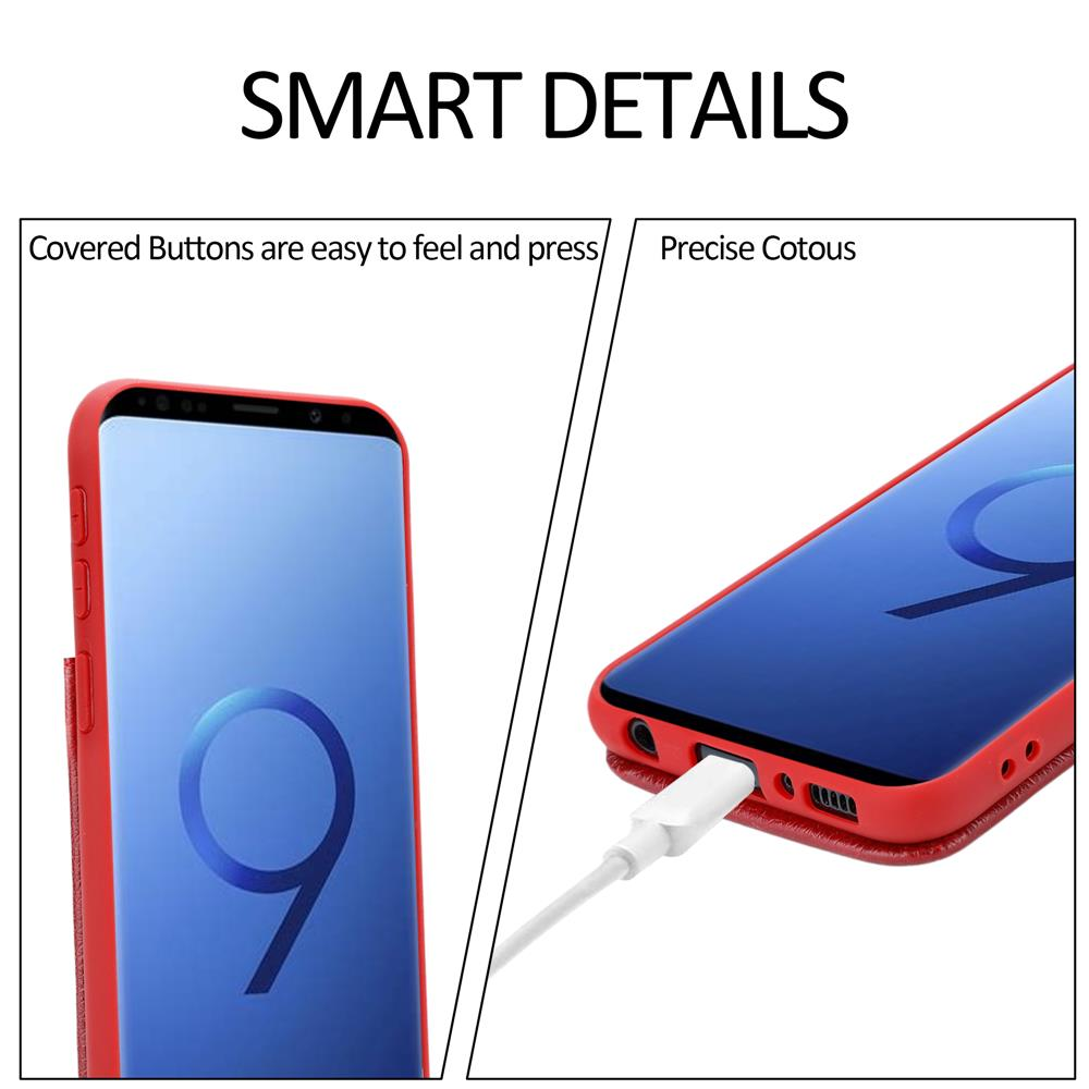 Telefono rosso in custodia, con cavo di ricarica collegato.