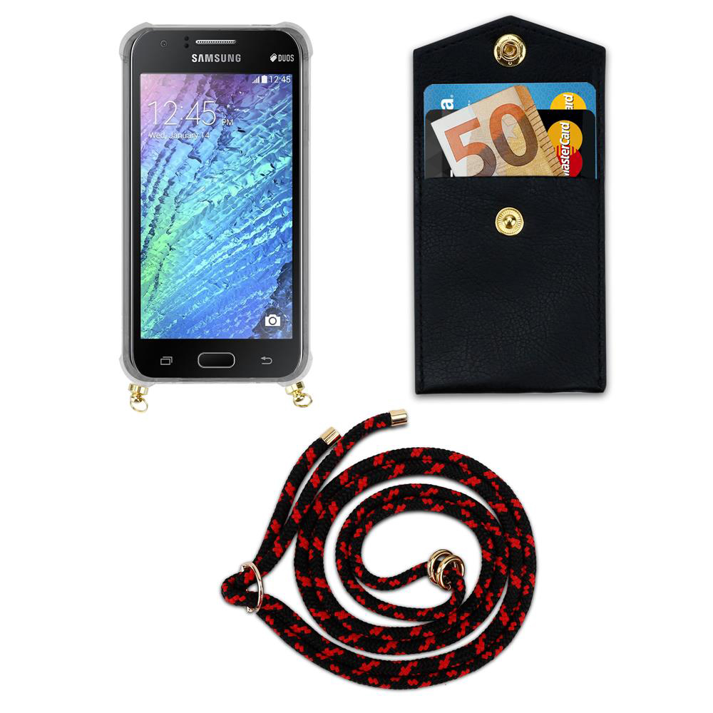 Uno smartphone in una custodia, un portafoglio e un cordino.