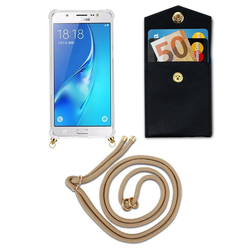 Smartphone con porta carte nero e cordino su sfondo bianco.