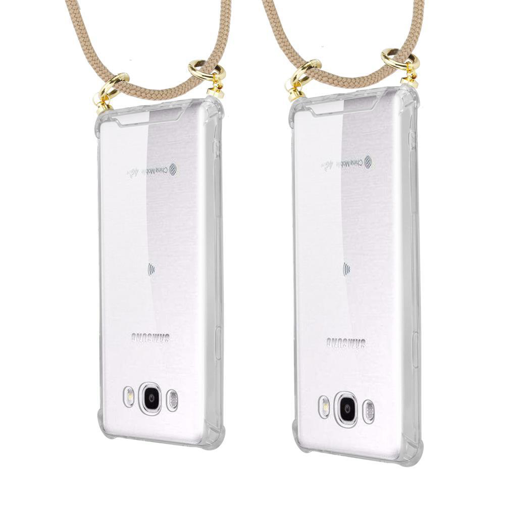 Due telefoni Samsung in custodie trasparenti con laccetti.