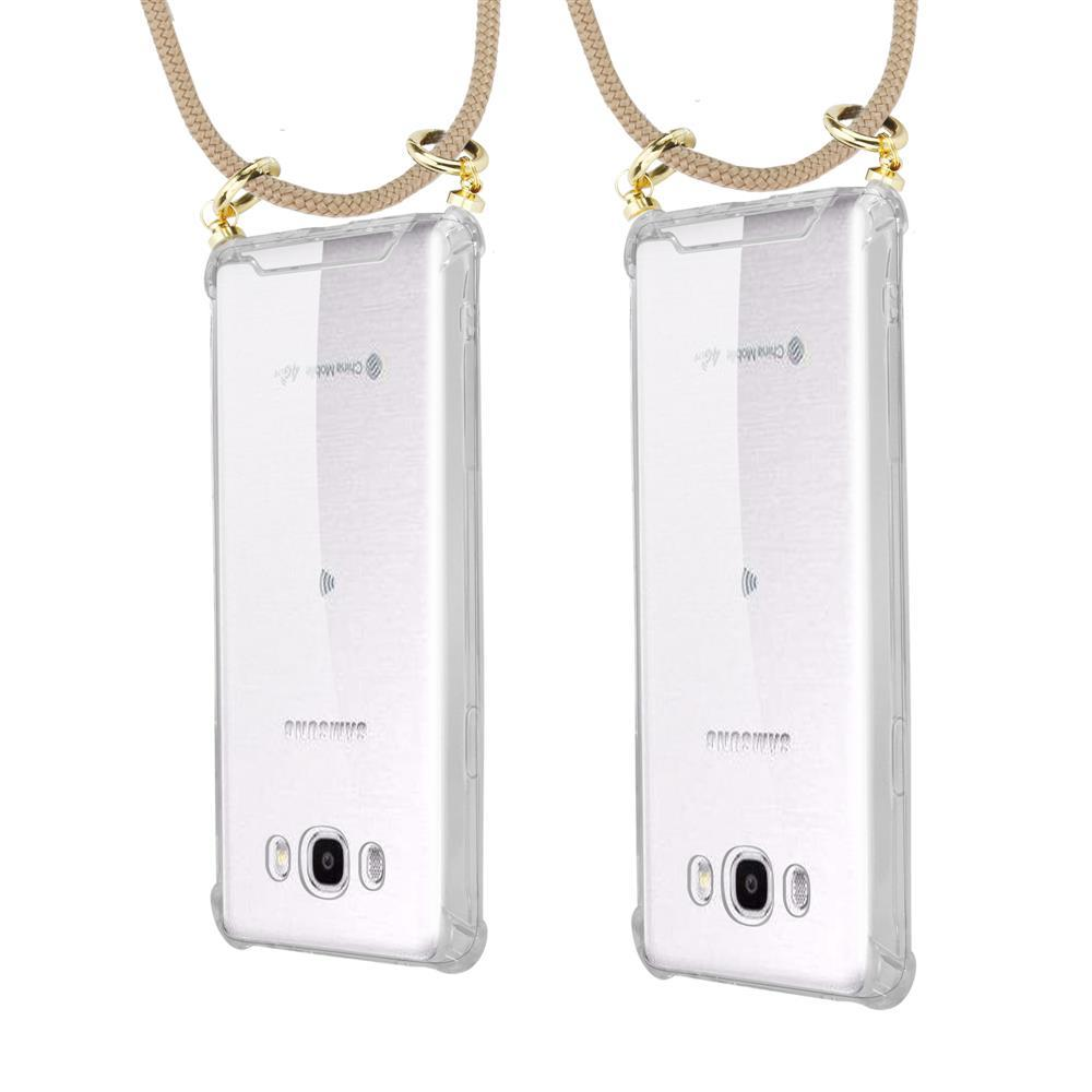 Due custodie trasparenti per telefono con cordini beige e hardware dorato.