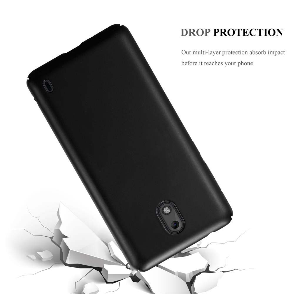 Cover nera per telefono che sfonda una superficie bianca. Protezione.