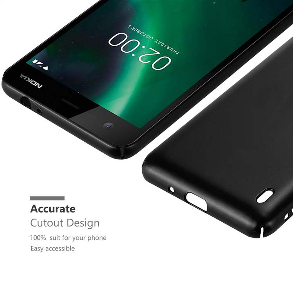Uno smartphone Nokia nero con custodia nera accanto. L'ora è 02:00.