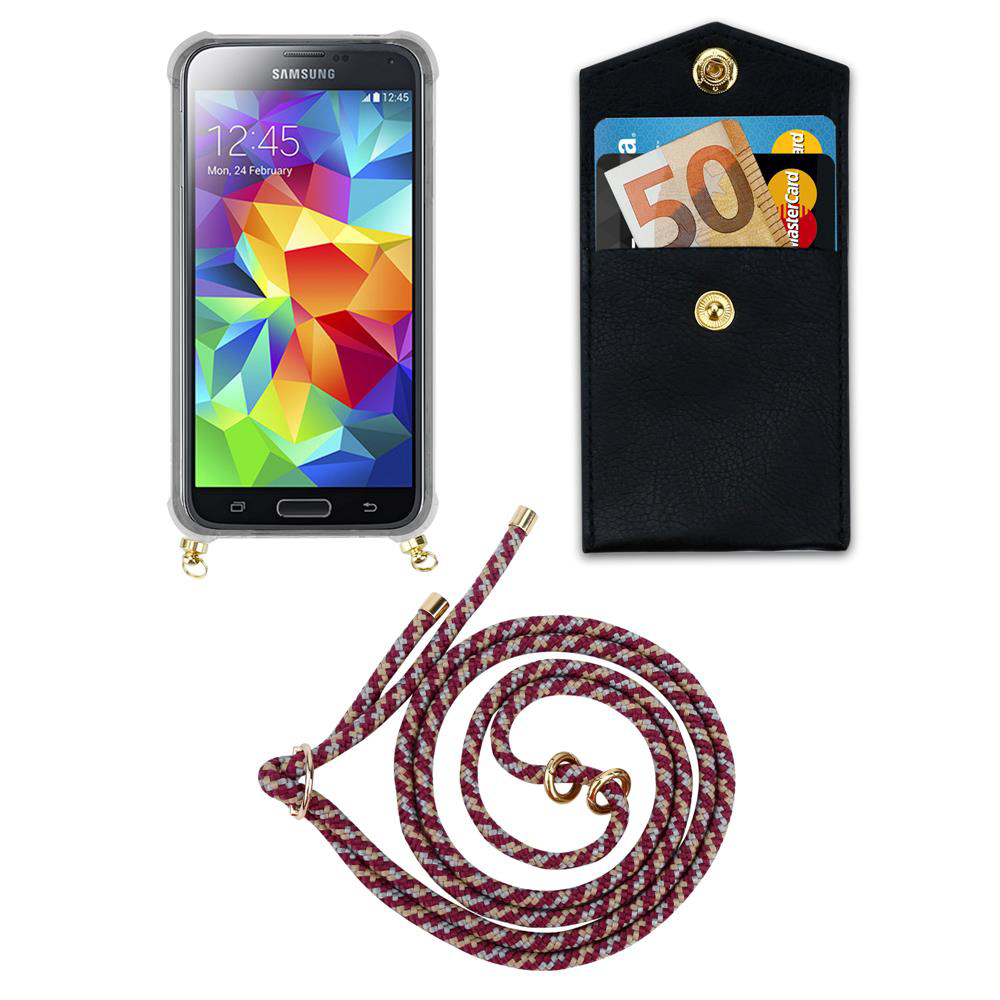 Smartphone con custodia, porta carte con banconota da 50€ e cordino.