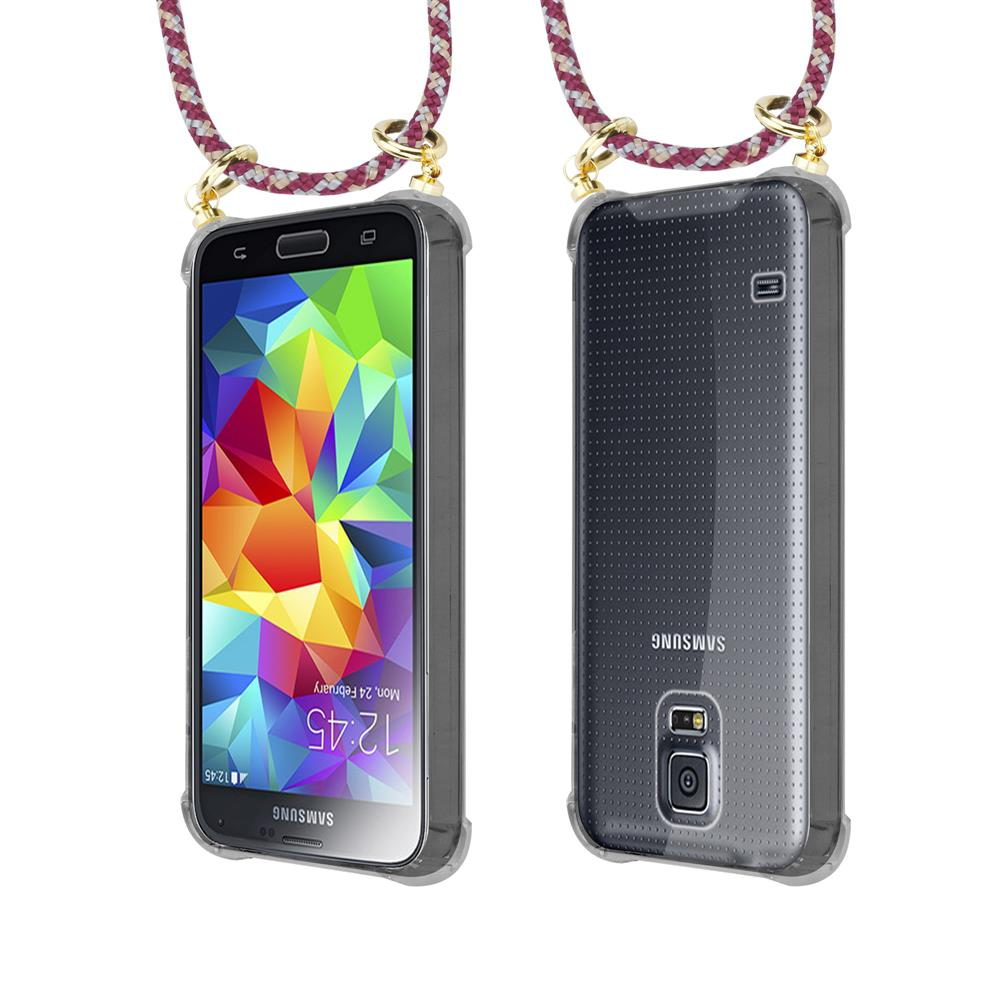 Uno smartphone con schermo colorato e custodia trasparente, appeso a un cordino.
