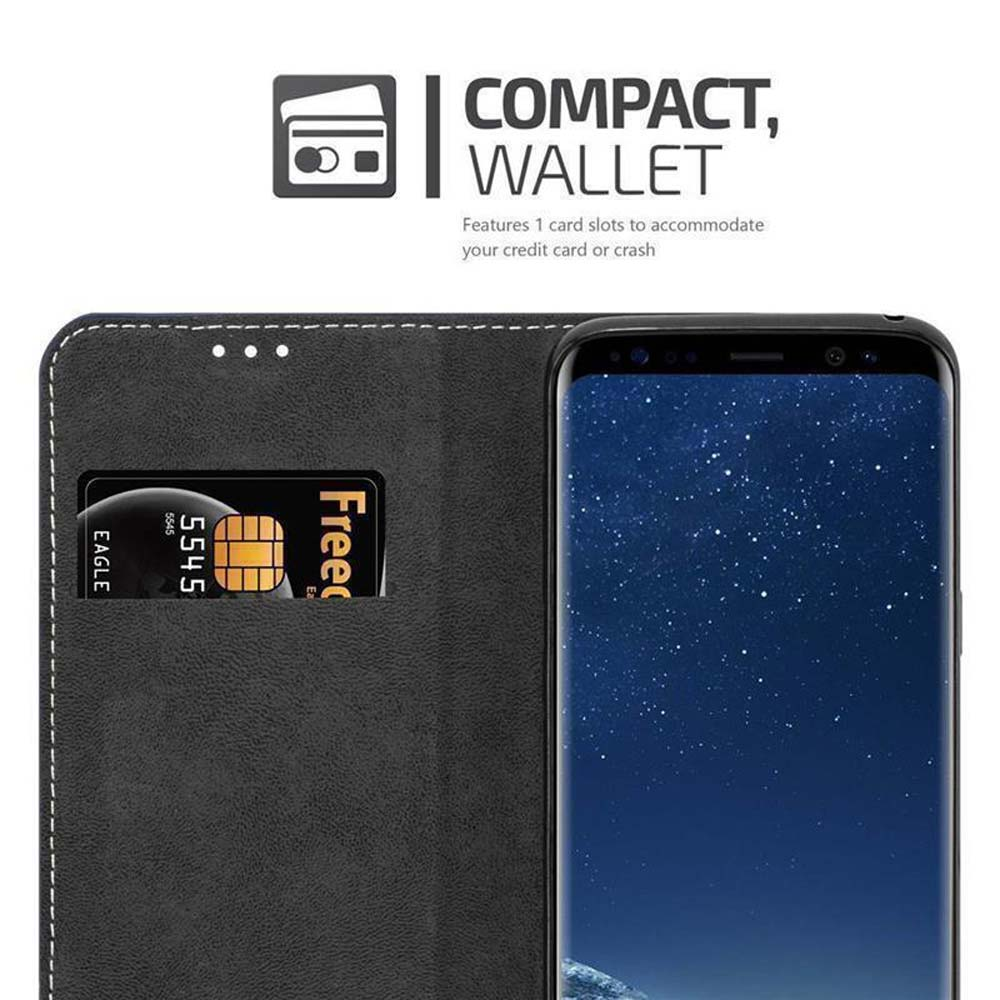Ein schwarzes Wallet-Case mit einer Karte und einem Smartphone.