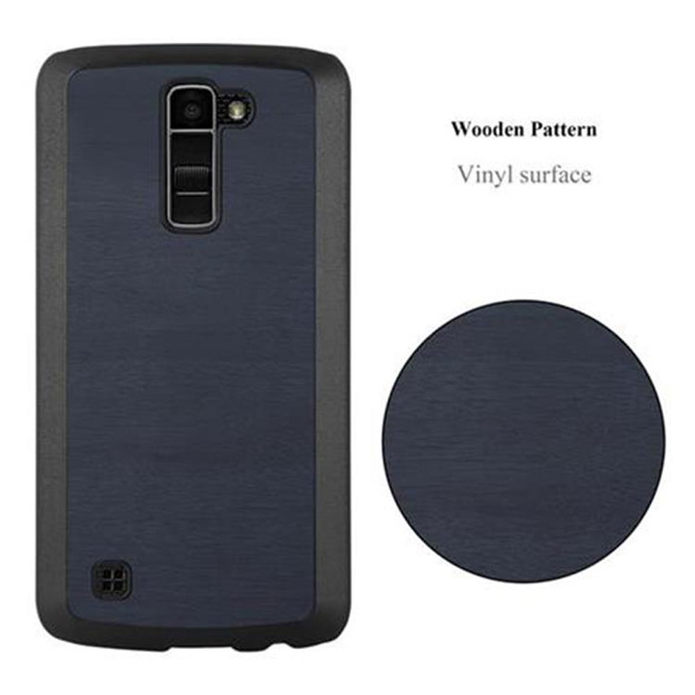Custodia blu scuro per telefono con motivo a venature di legno e ritaglio fotocamera.