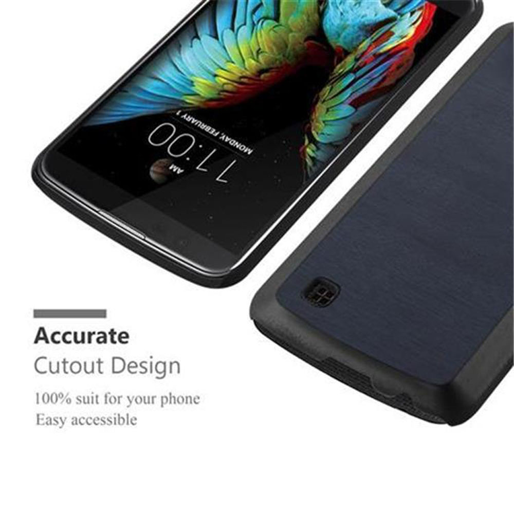 Uno smartphone con uno sfondo colorato e una custodia scura accanto.