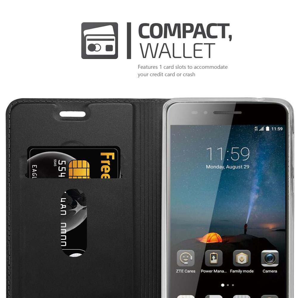 Una funda tipo cartera negra sostiene un teléfono y tarjetas. El texto dice 'COMPACT, WALLET'.