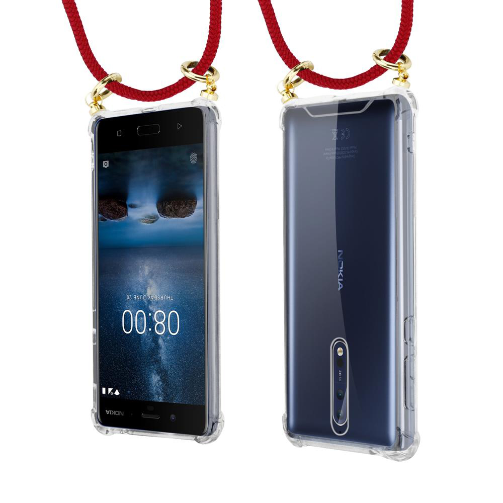 Zwei Smartphones mit roter Schnur und goldenen Ringen, Vorder- und Rückseite.