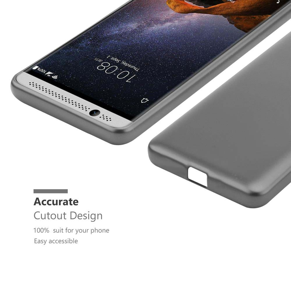 Graue Handyhülle mit Smartphone, das 10:08 Uhr anzeigt. Präzises Ausschnittdesign.