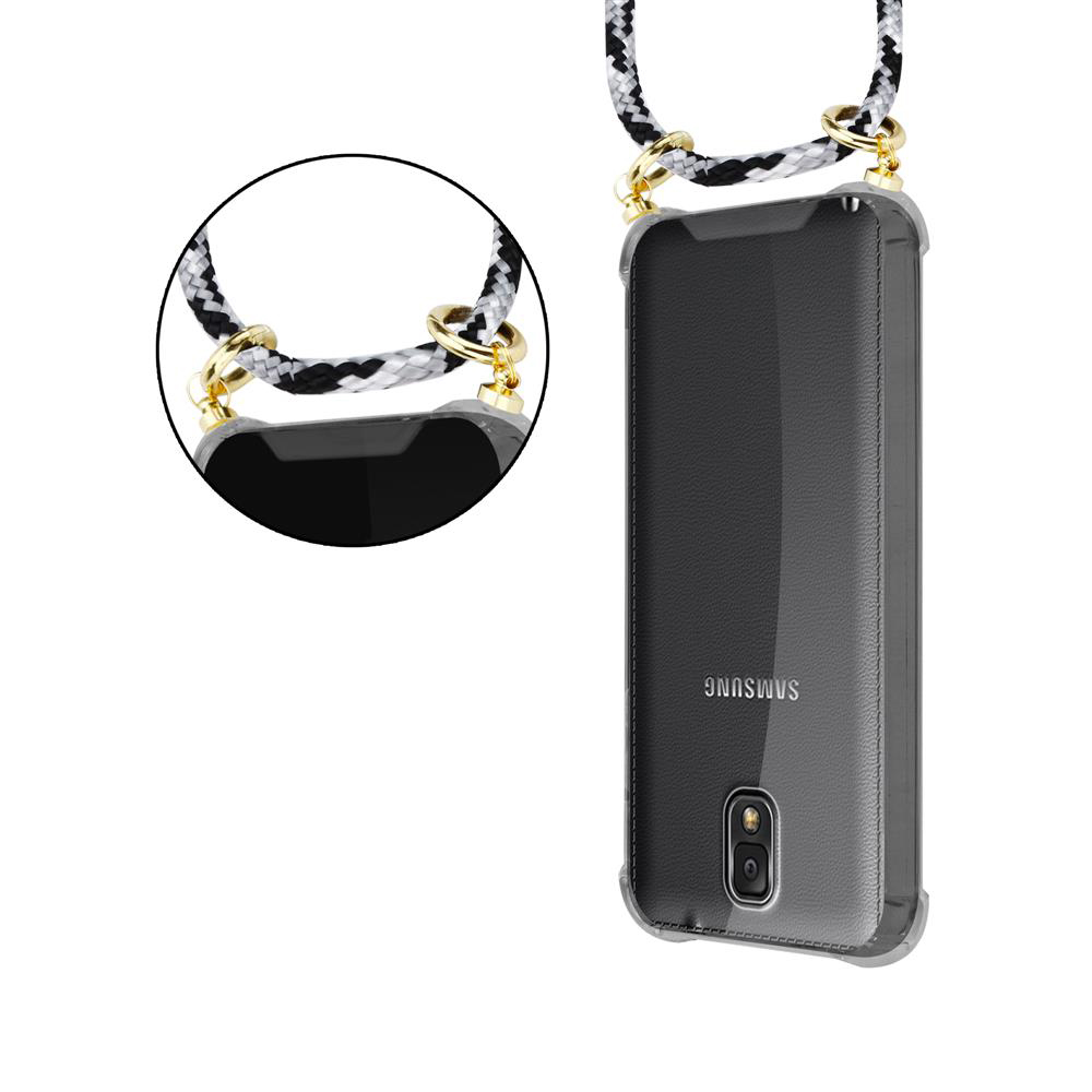 Custodia trasparente per telefono con cinturino bianco e nero, logo Samsung visibile.