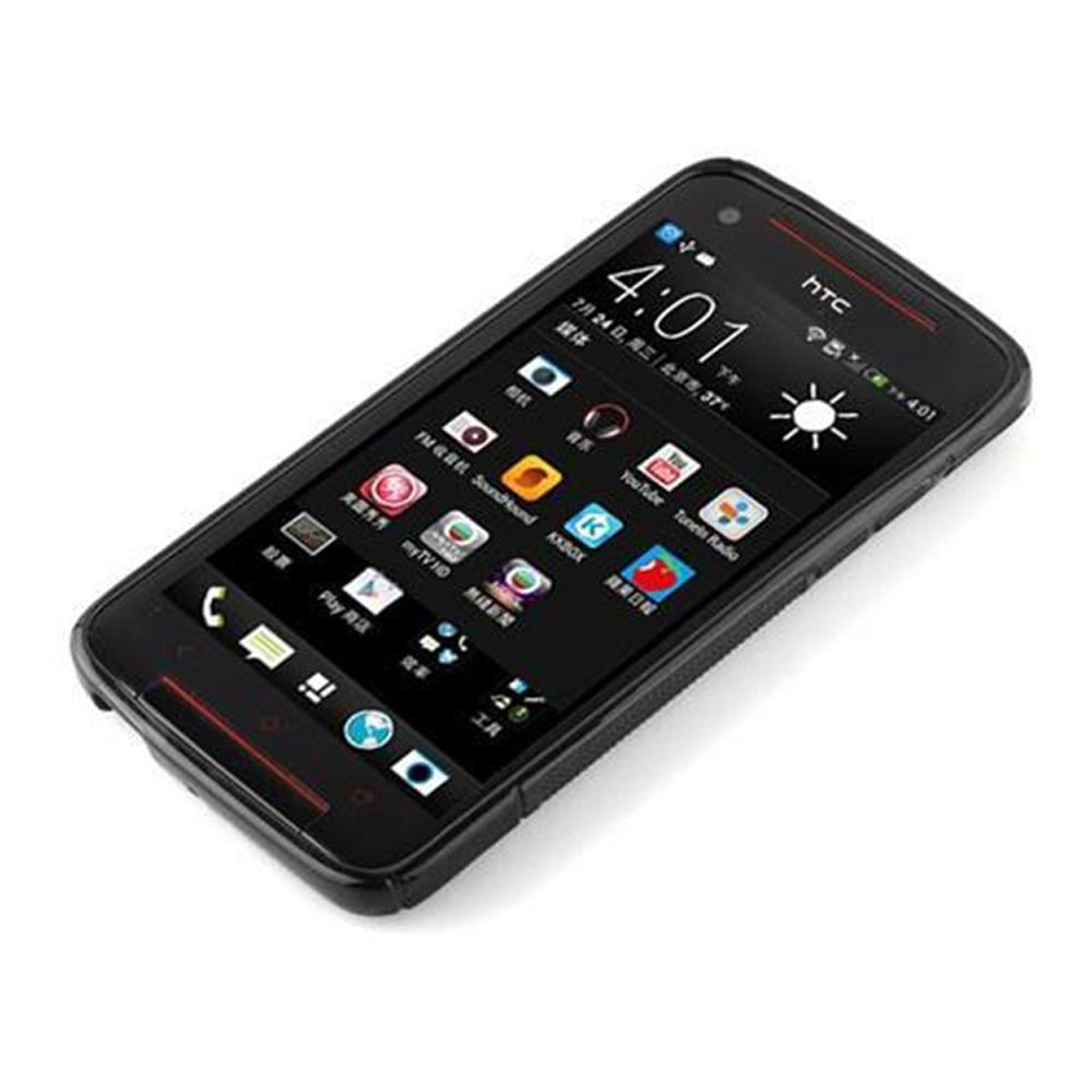 Smartphone HTC nero con app sullo schermo. Ore 16:01.