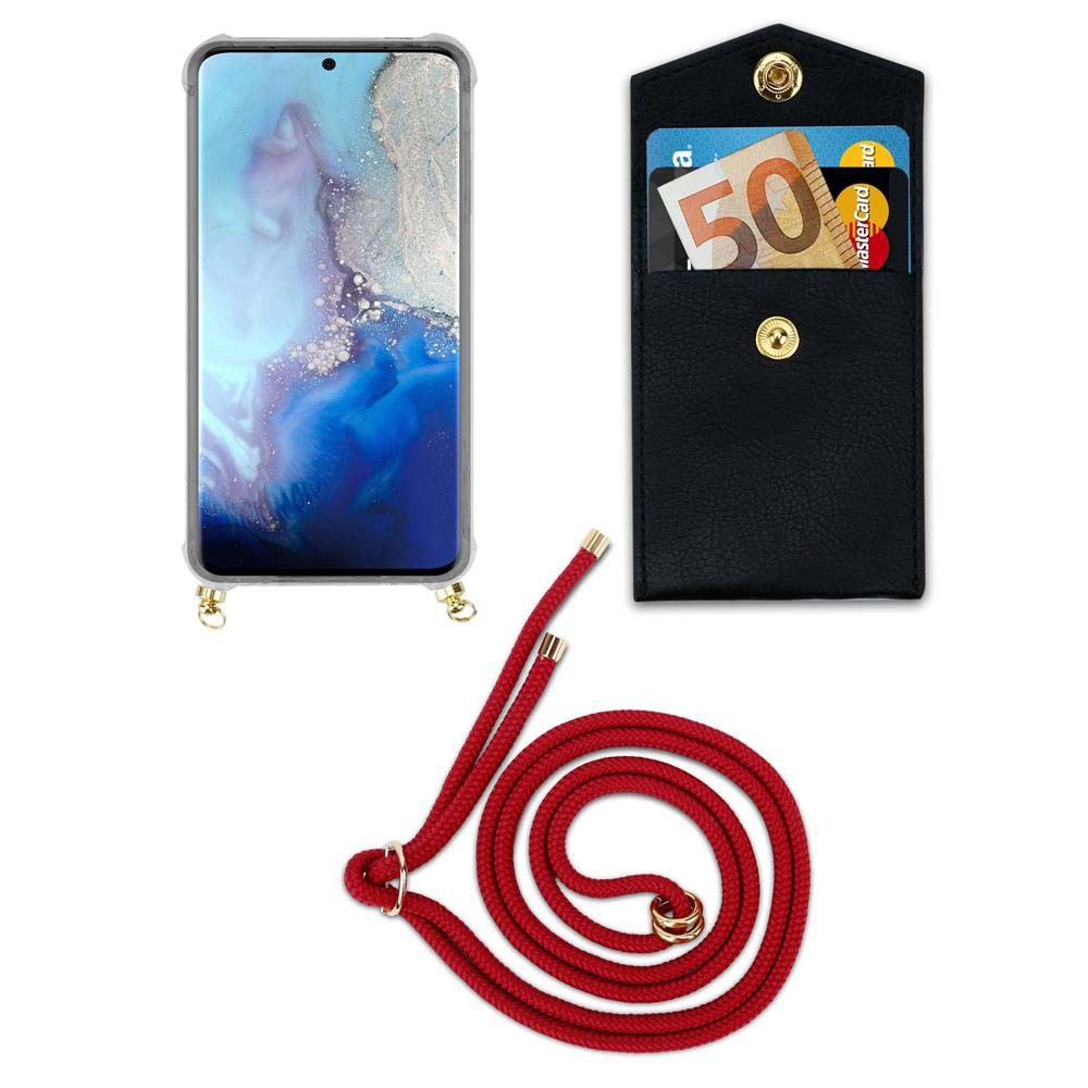 Smartphone con cordino rosso, tasca nera con soldi e carte.