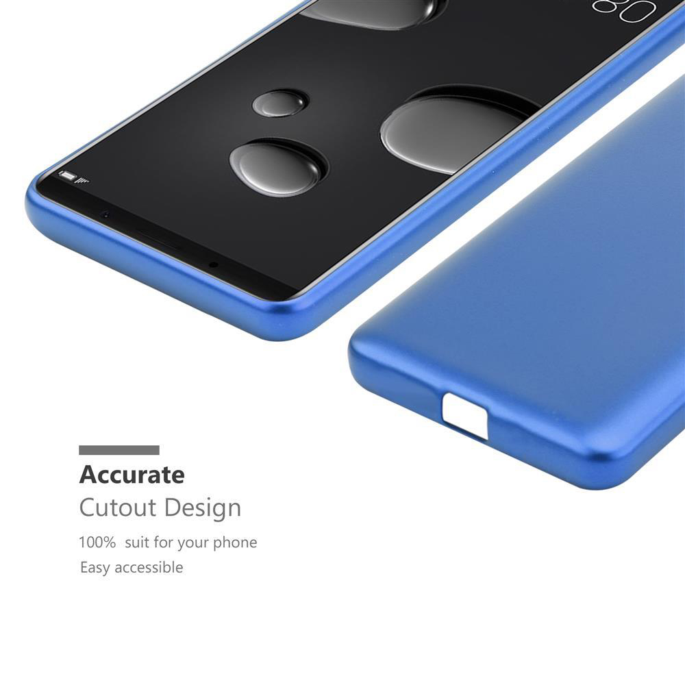 Ein blaues Handycover mit Ausschnitt liegt neben einem Handy.