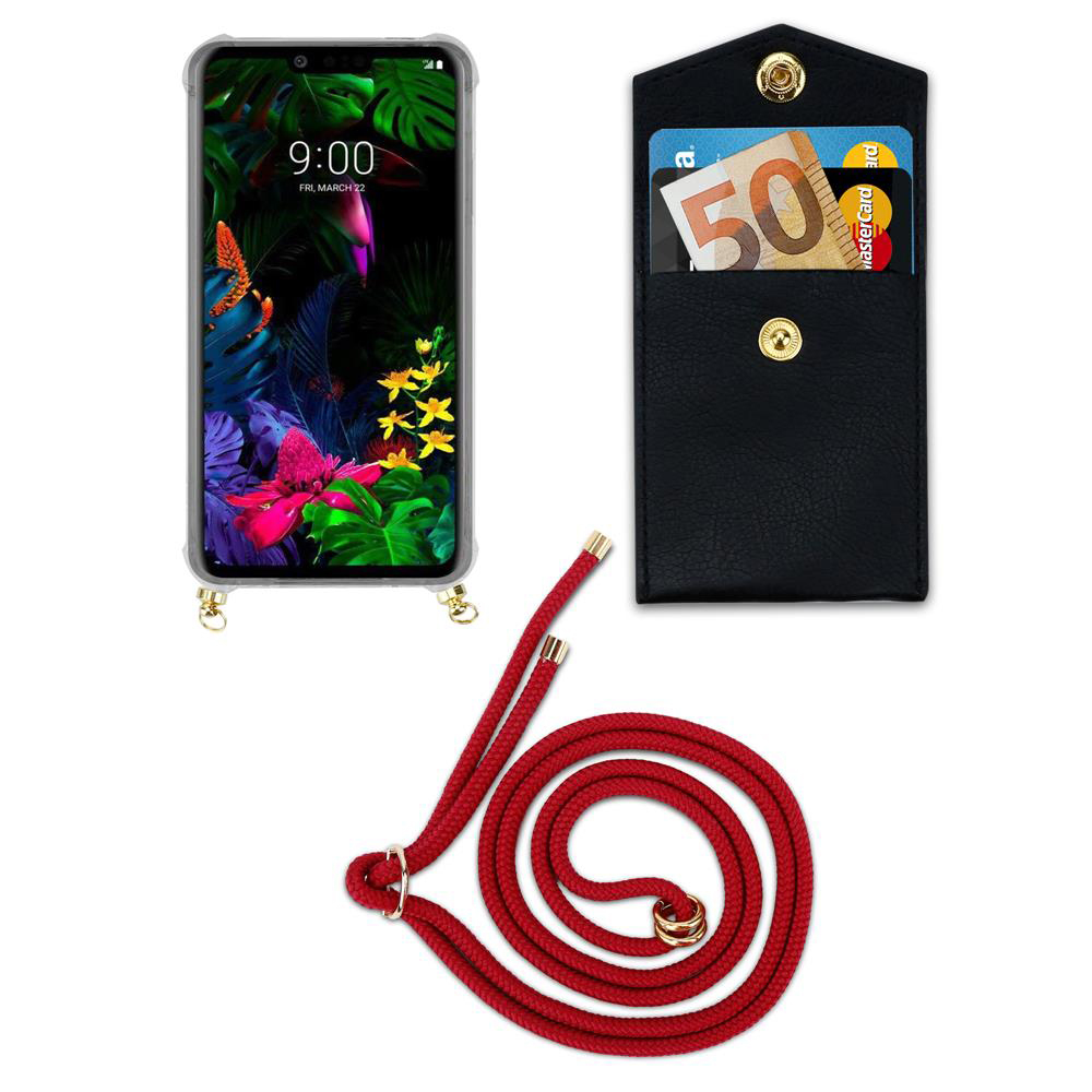 Smartphone mit schwarzer Tasche und rotem Band