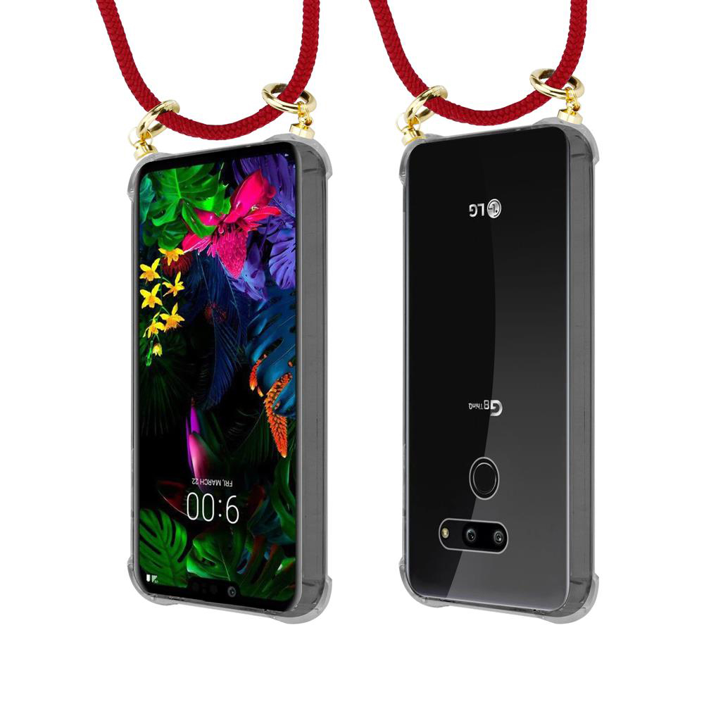 Zwei Smartphones in transparenten Hüllen, verbunden durch rote Schnüre.