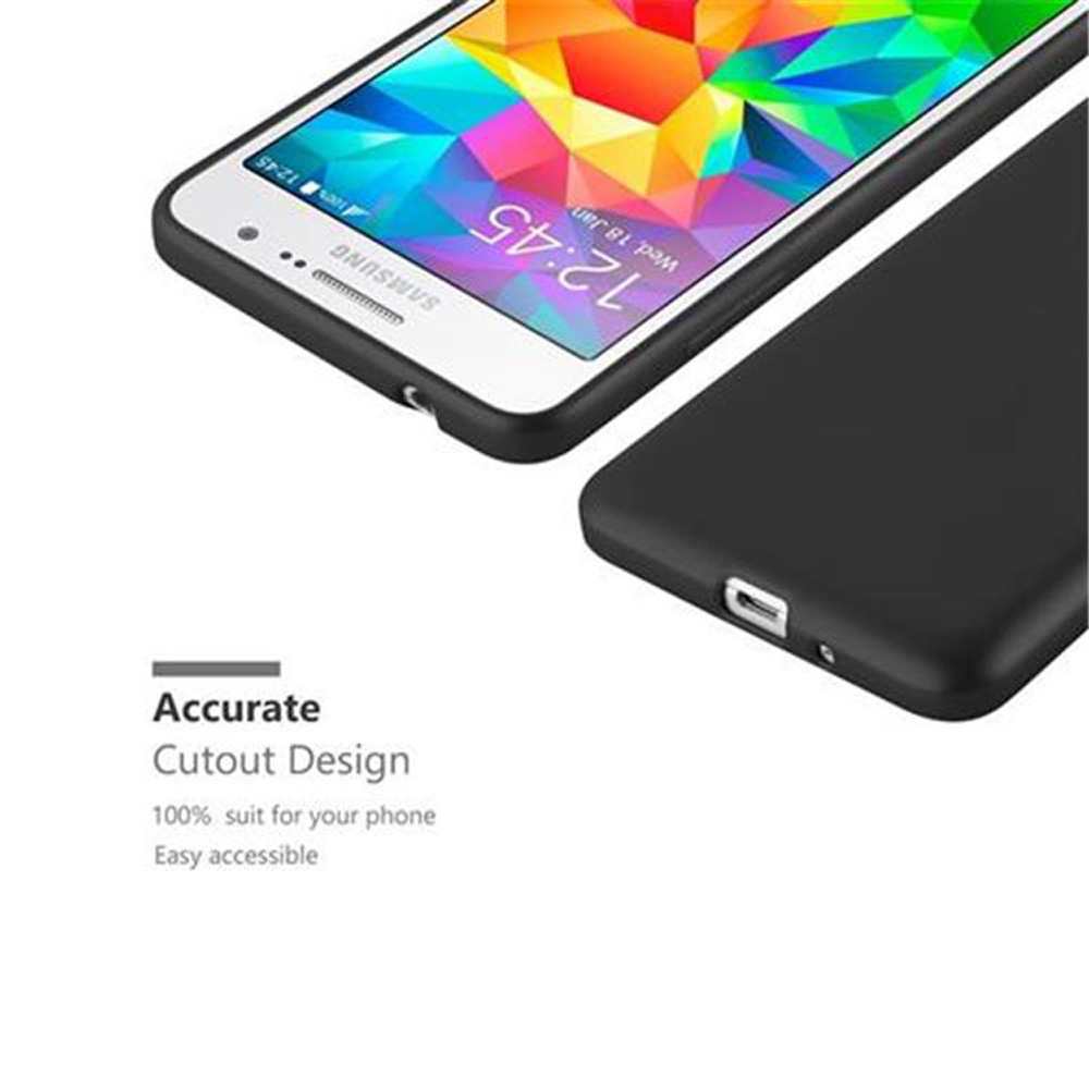 Una funda negra junto a un smartphone con pantalla colorida.