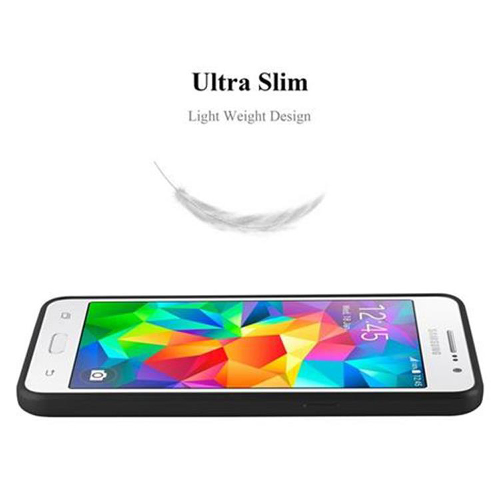 Un smartphone delgado con un fondo de pantalla colorido y un gráfico de pluma.