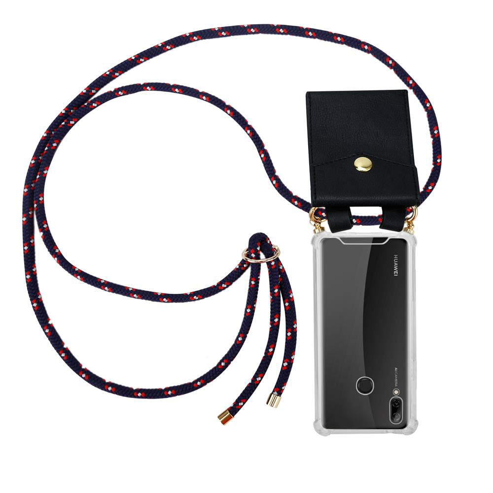 Una custodia nera per telefono con laccetto blu scuro con accenti rossi e bianchi.