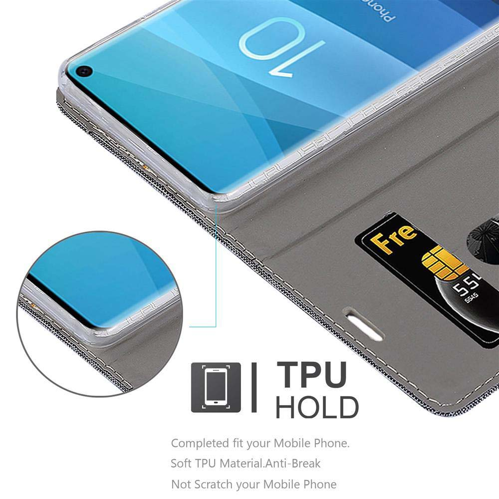 Custodia grigia per telefono con slot per carte, che mostra un primo piano del telefono.